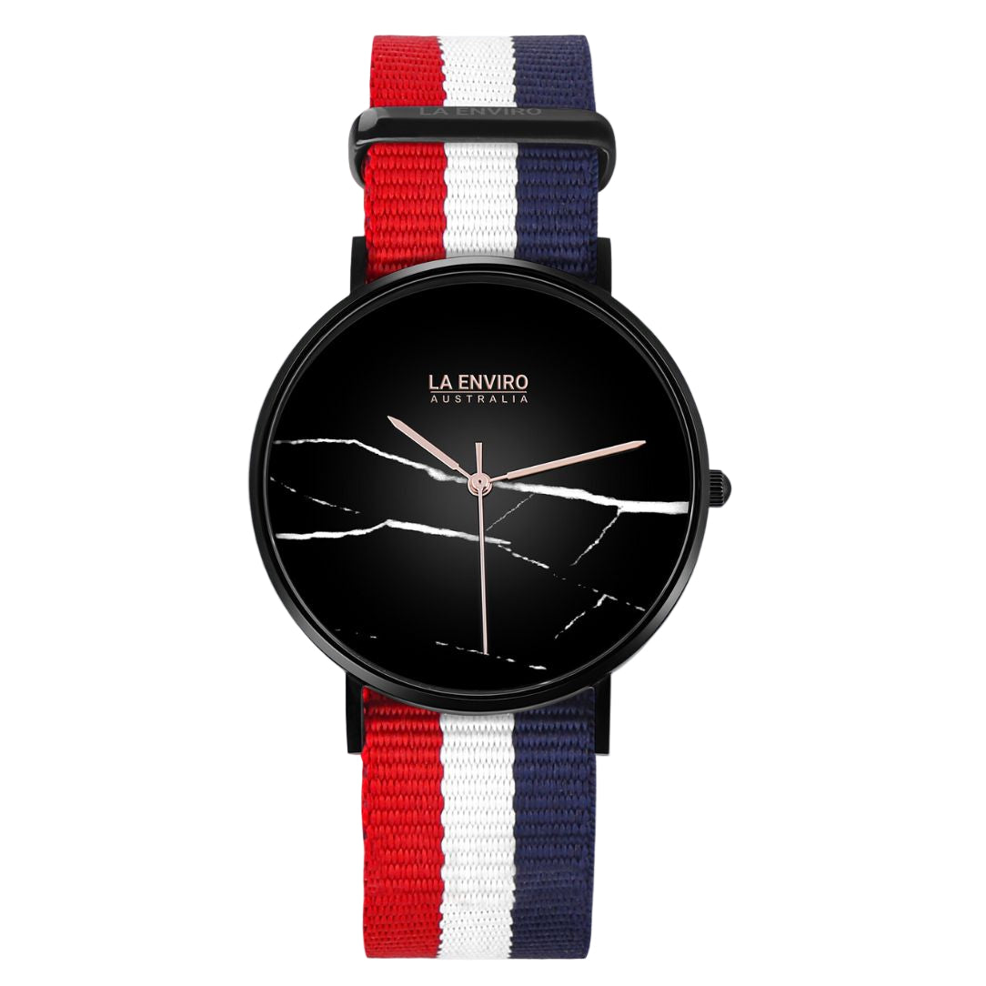 Black Marble Watch With Red, Blue & White Nato Strap I 40 MM