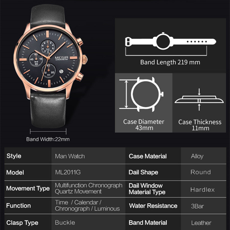 Sport Watch for Men Luxury Waterproof Quartz Clock Leather Wristwatch Luminous Military Watches