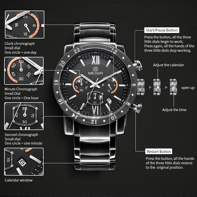 Luxury Men's Business Watches Chronograph Waterproof Stainless Steel Quartz Watch