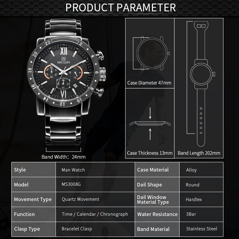 Luxury Men's Business Watches Chronograph Waterproof Stainless Steel Quartz Watch