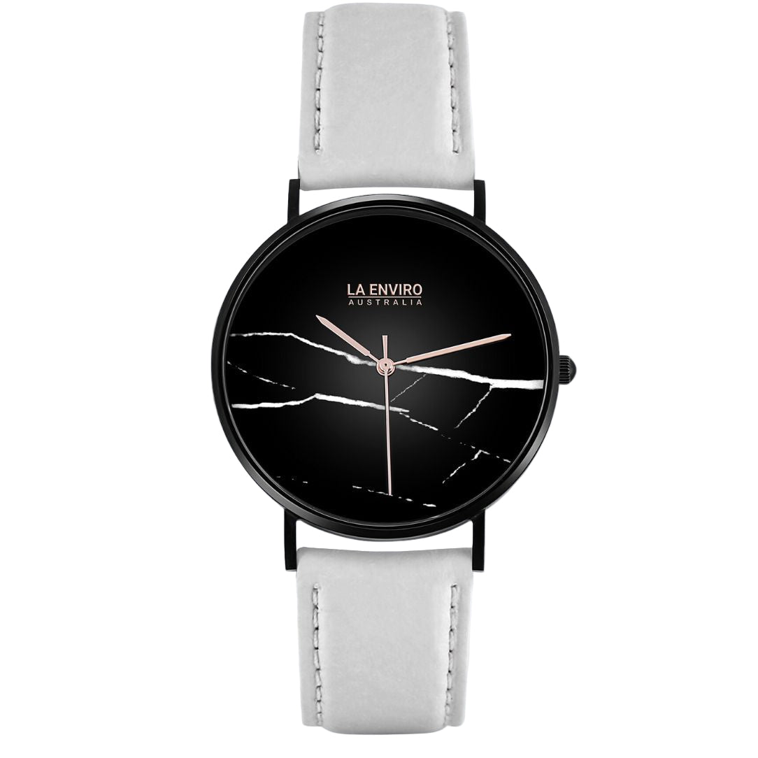 Black Marble Watch With White Pineapple Leather Strap I 40 MM